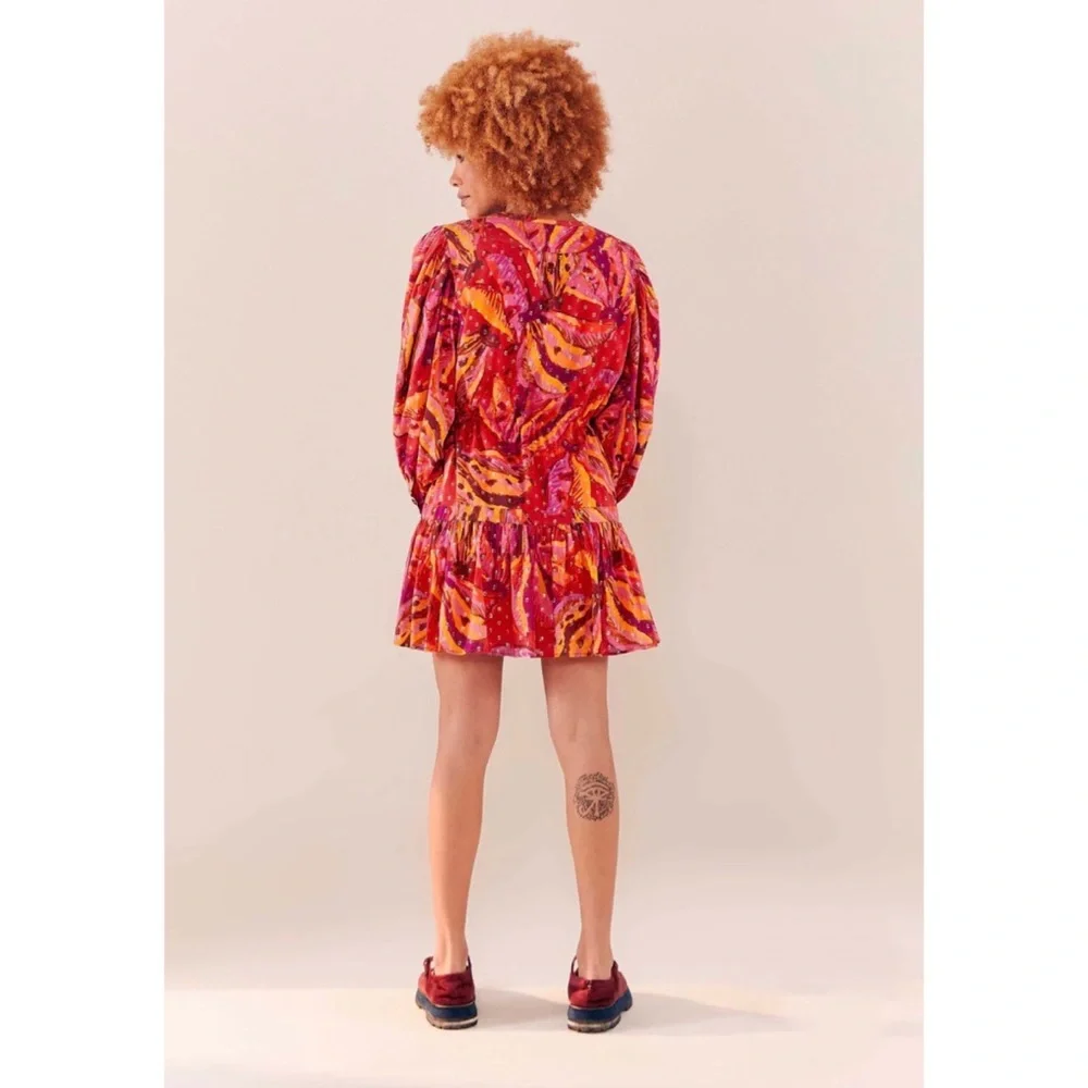 Farm Rio Red Banana Metallic Long Sleeve Mini Dress NWT M L - Picture 9 of 12